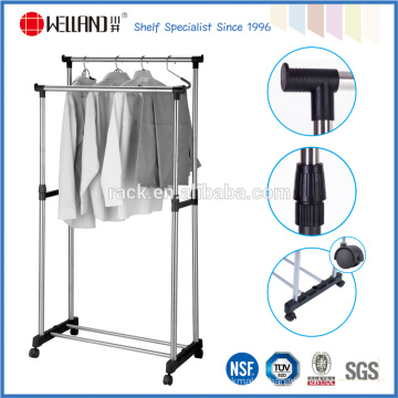 NSF Approval Stainless Steel Extendable Double-Rod Garment Rack with Wheels